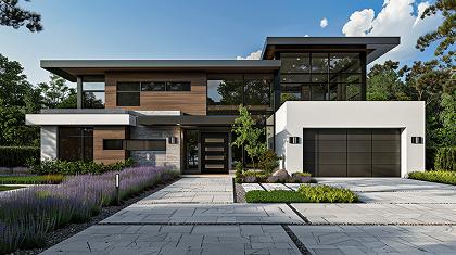 Рендер забора интегрированного в загородный дом